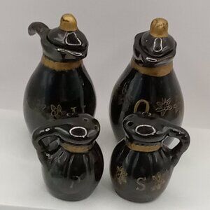Redware Clay Mini Vinegar Oil CRUET & Salt Pepper SHAKERS Dark Brown Gold Vtg